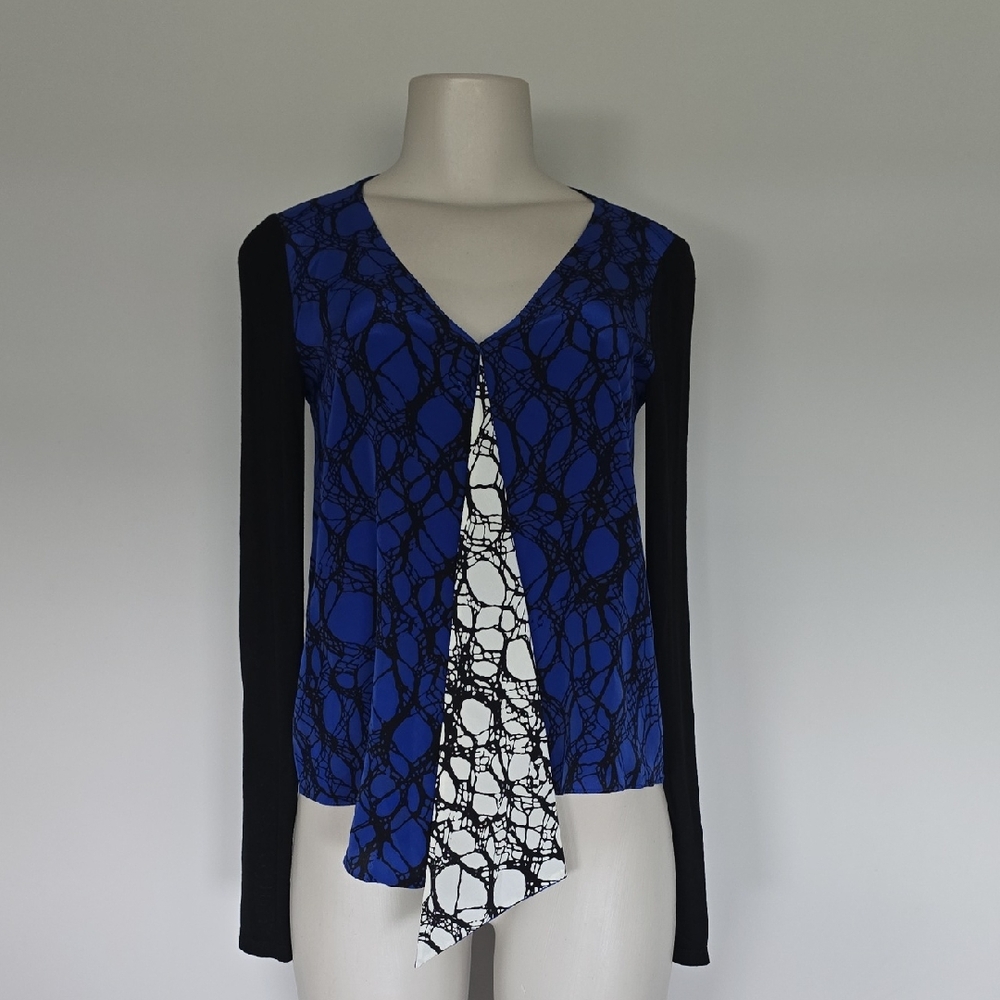 Elizabeth and James blue/black scribble print long dleeve silk top-XS